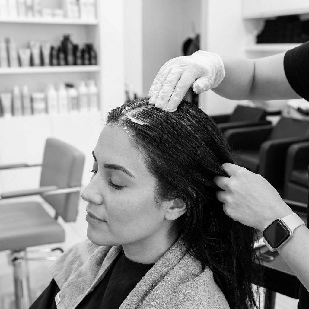 Hairdresser applying product to a client's hair in a salon. The client has eyes closed.