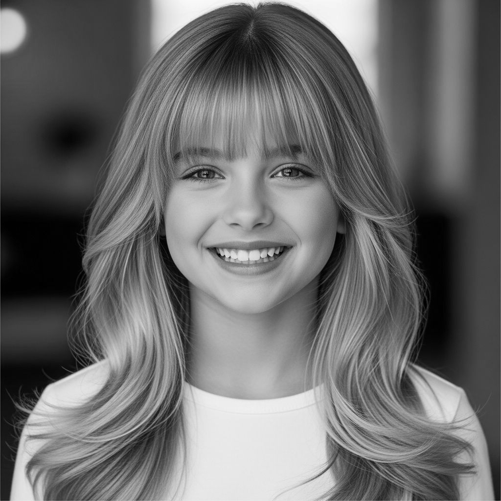 Young person with long blonde hair and bangs smiles, wearing a white shirt.