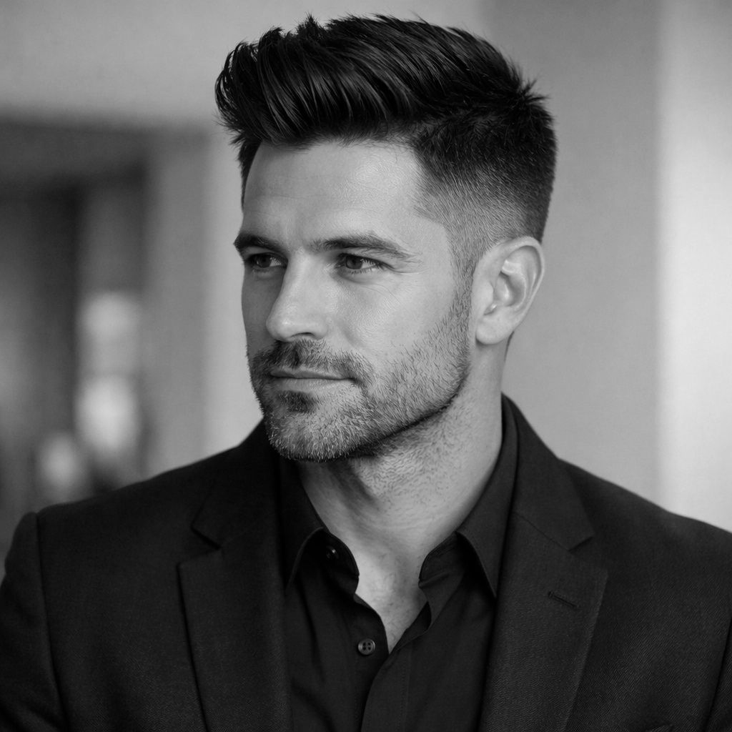 Man with dark hair and stubble, wearing a black shirt and blazer, looking to the side.