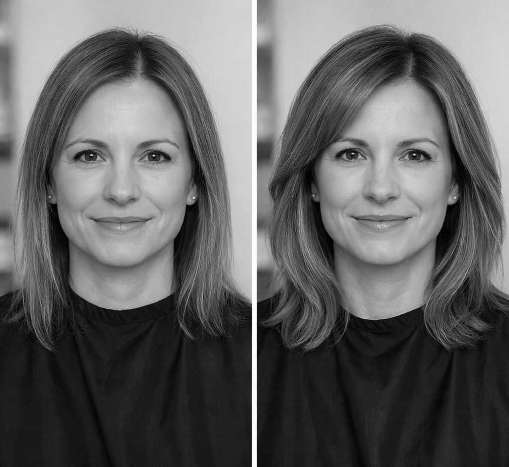 Woman with long, straight hair on the left, styled with a layered, wavy style on the right.