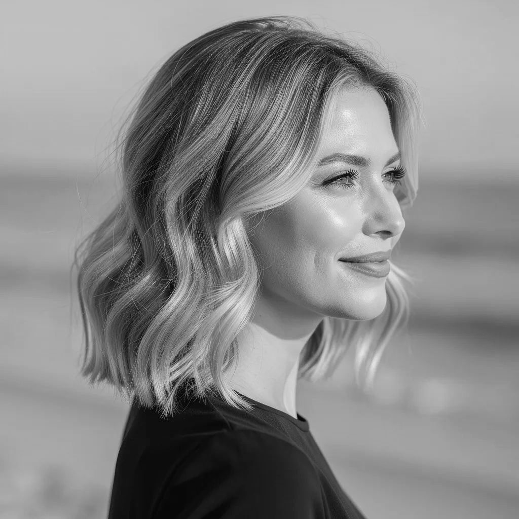 Woman with wavy blonde hair, smiling, looking to the side, ocean in the background.