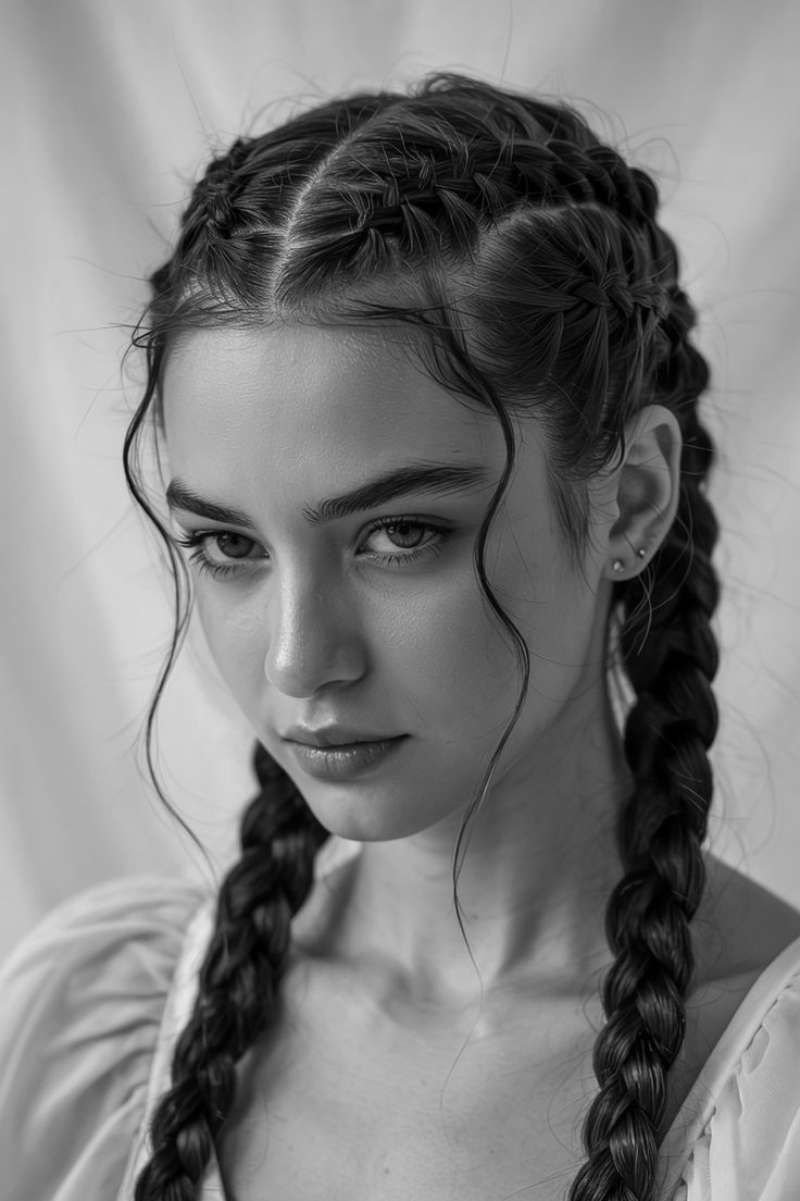 Woman with braided pigtails gazes at the viewer. Black and white, indoor shot, light background.