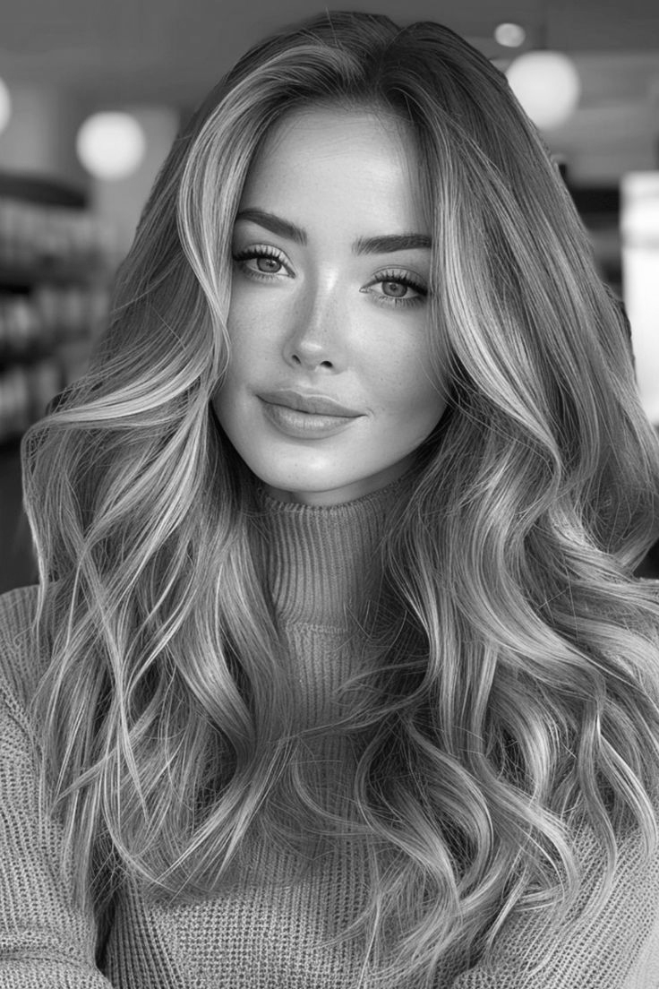 Woman with long wavy hair, wearing a turtleneck sweater, smiling gently.