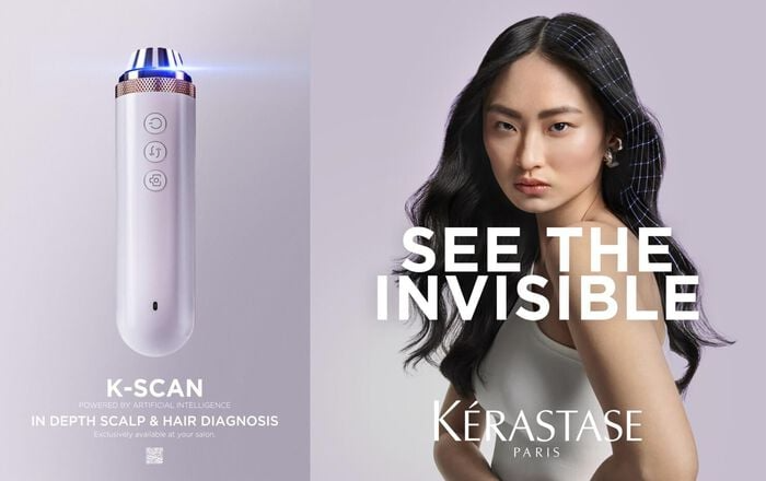Kérastase ad: Woman with long, dark hair beside a K-Scan device. Text reads 