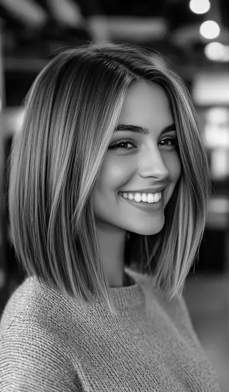 Woman with a bob haircut, smiling, wearing a sweater.