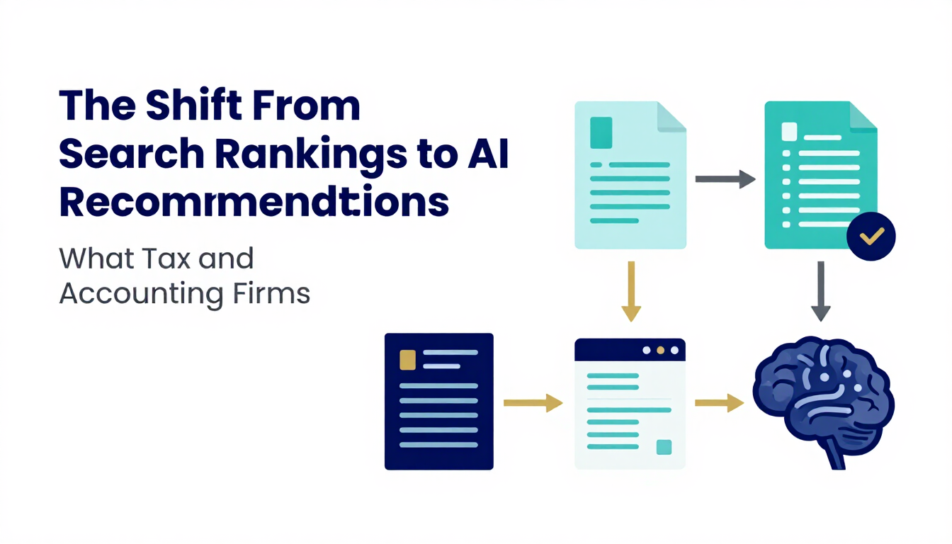 Infographic titled “The Shift From Search Rankings to AI Recommendations” with documents, arrows, and a blue AI brain icon