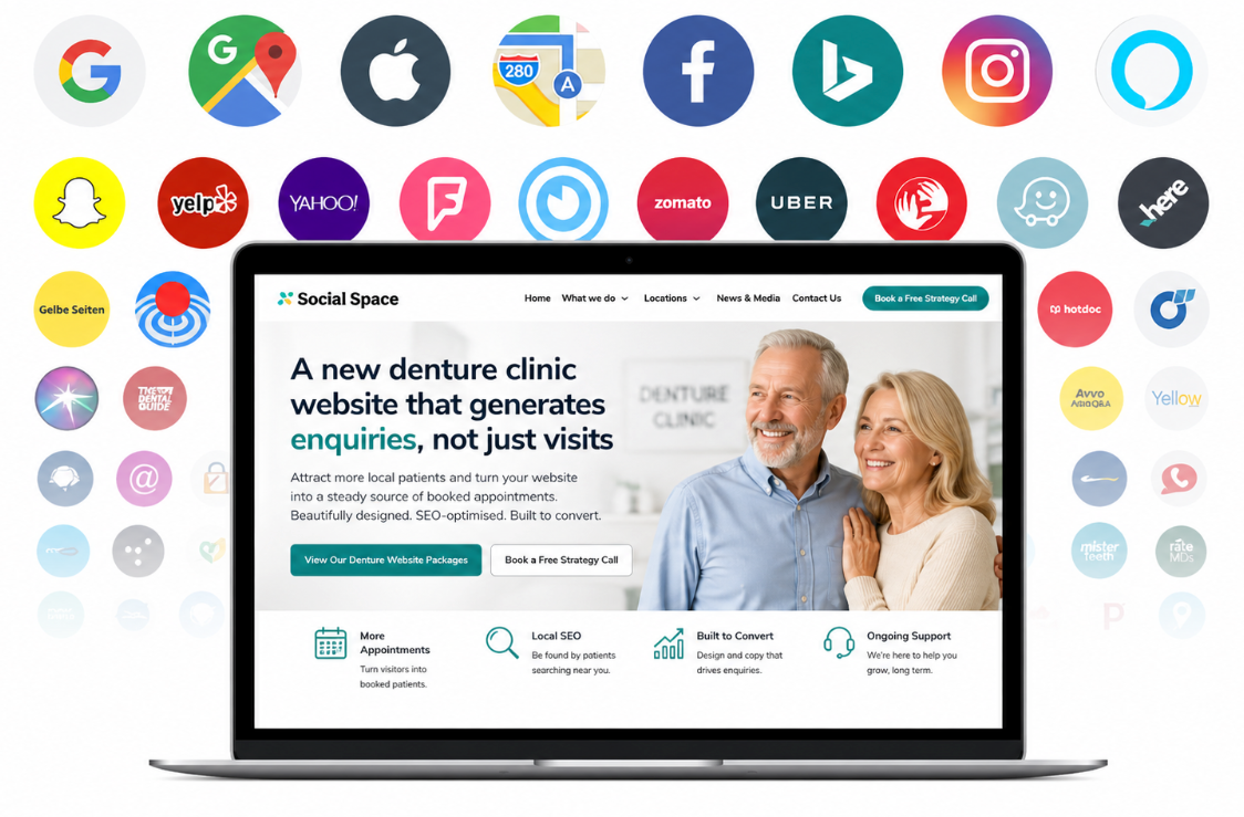 Laptop displaying a denture clinic website with smiling older couple and social app icons around it.