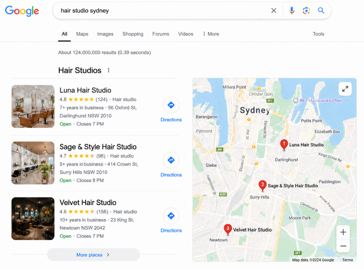 Google search results for hair studios in Sydney, showing salon listings and a map with red location pins