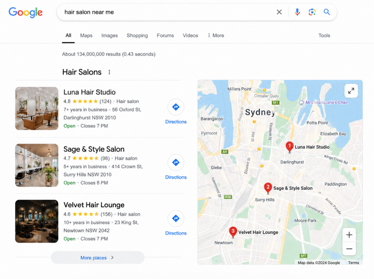 Google search results for hair salons in Sydney with a map and three salon listings showing ratings and reviews