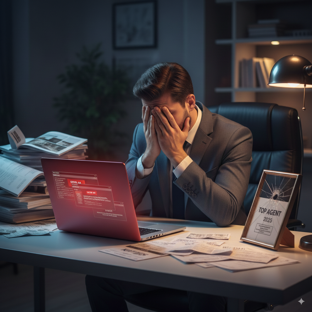 Estate agent, covers his face at a desk with a laptop displaying red code and papers at night.