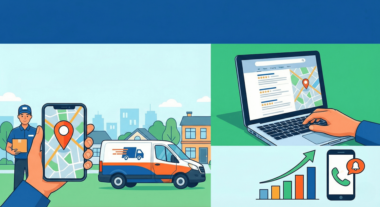 Delivery tracking concept: van, phone with map, laptop with map, and growing graph.