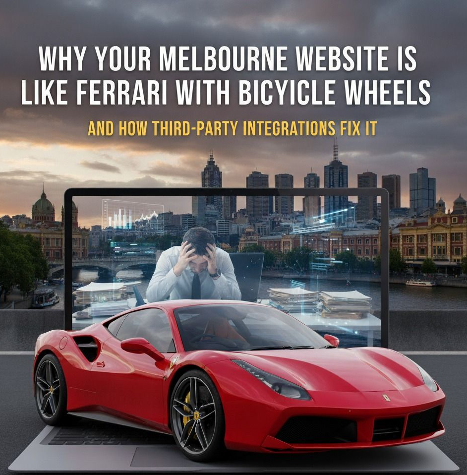 Red Ferrari on laptop, man stressed in background, Melbourne skyline. Text: Melbourne website comparison.