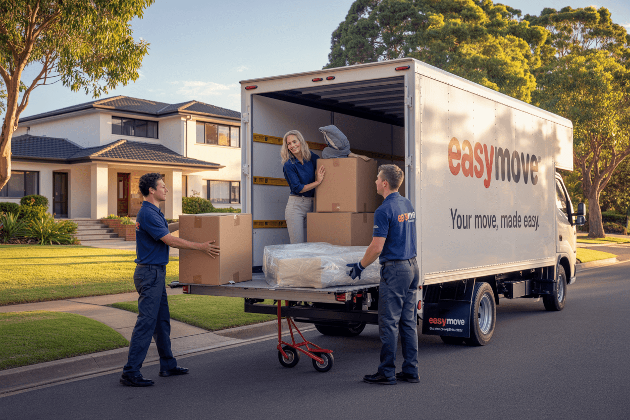 Professional house removalists load labelled moving boxes.