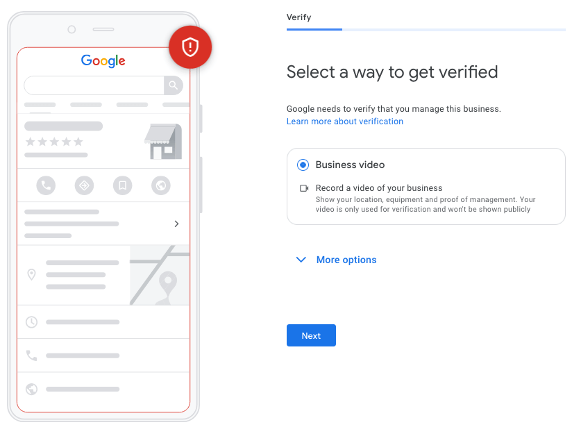 Google 'Select a way to get verified' by video verification error message for Google Business Profiles