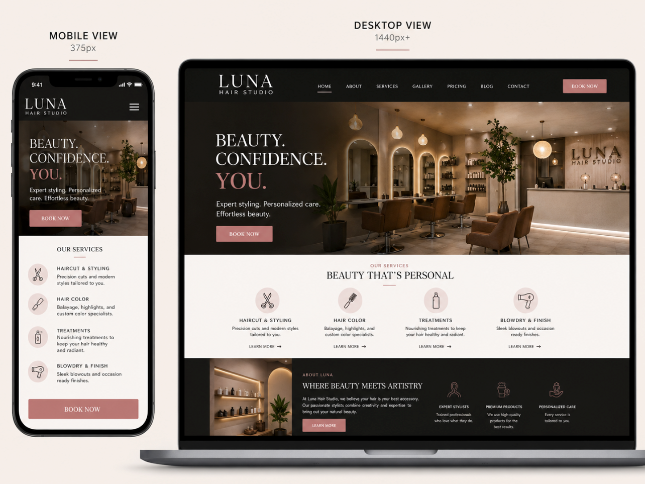 Mobile and desktop beauty salon website mockup with pink and black accents