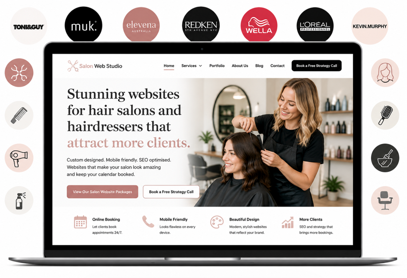 Laptop showing a hairstylist website with a salon photo and headline about stunning websites for hair salons