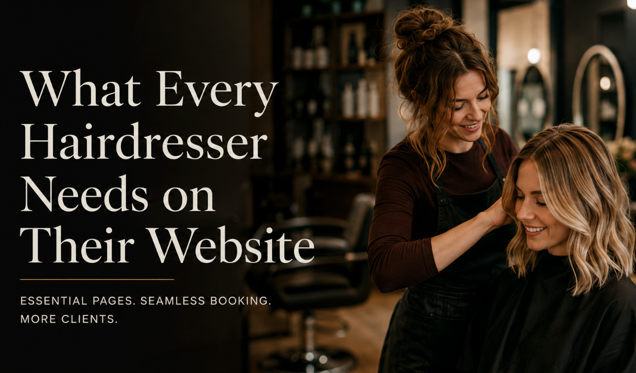 Dark website banner with hairstylists styling hair and text: “What Every Hairdresser Needs on Their Website”