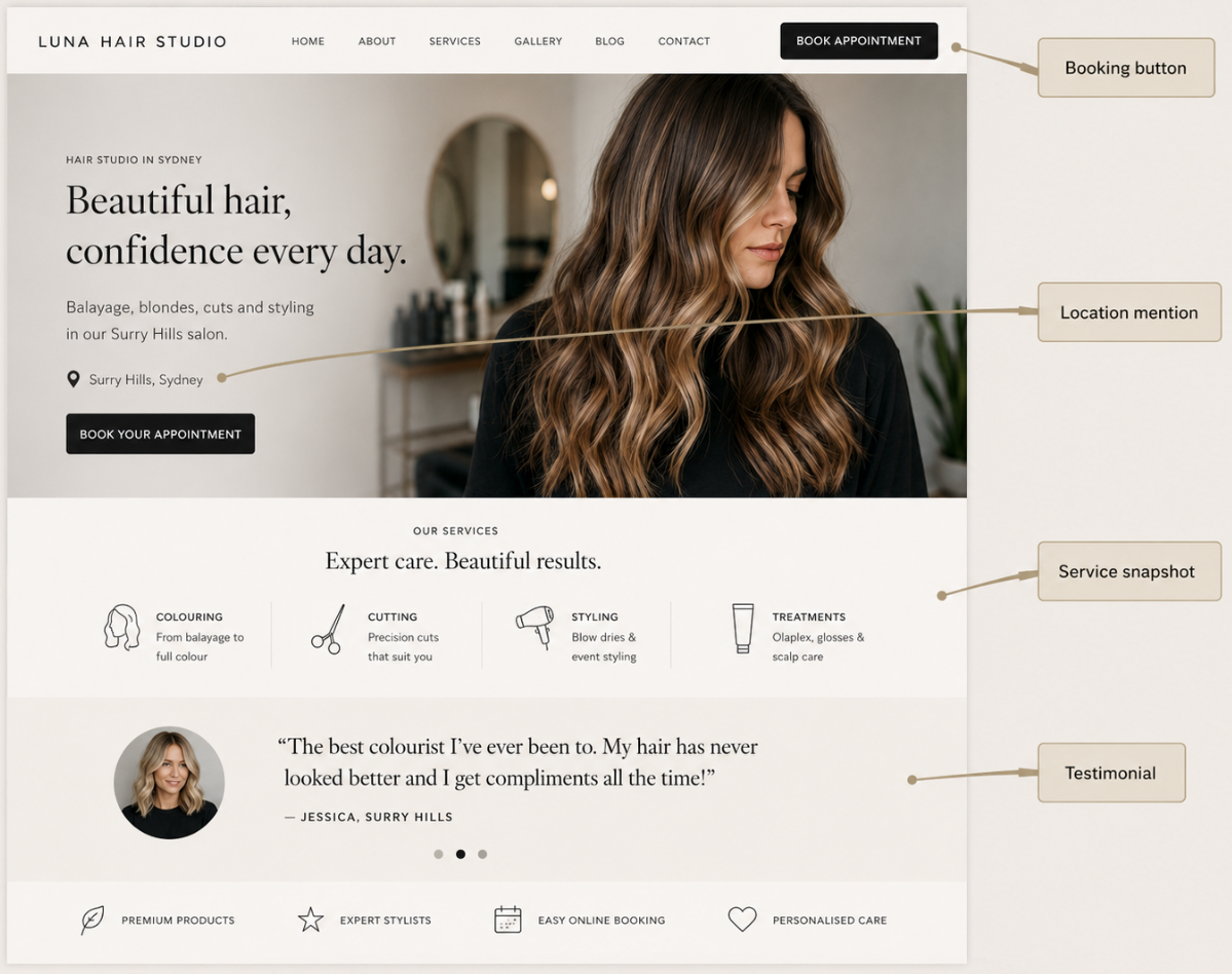 Hair salon homepage with a woman styling her hair, beige layout, and service feature icons