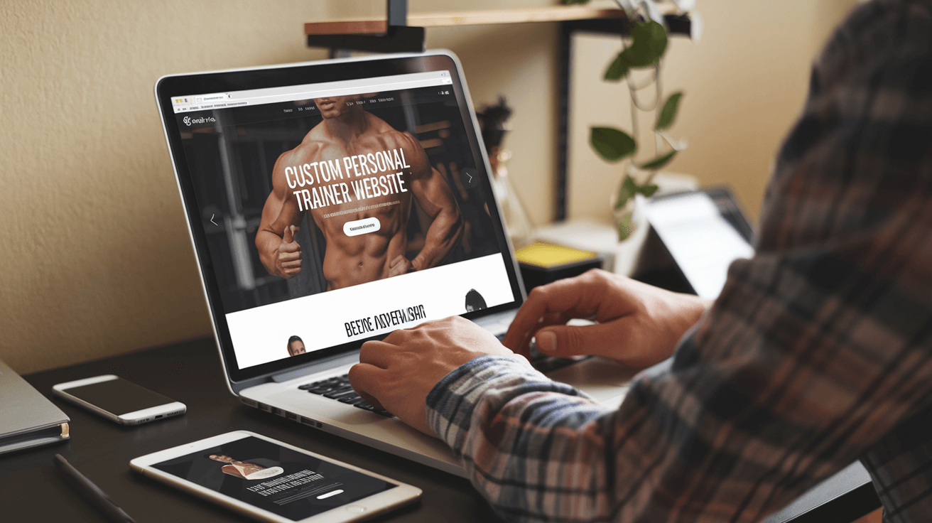 A web designer is creating a custom personal trainer website on a laptop. The laptop is open on a desk.