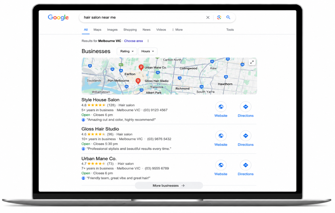 Laptop displaying Google Maps search results for hair salon near me and a map on a white screen.