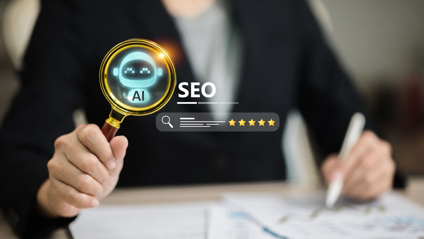 Person holding magnifying glass with AI bot and SEO text over a search bar with rating stars.