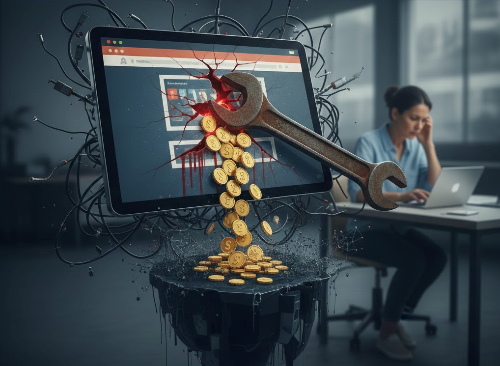 A wrench bursts through a tablet, spilling coins. Woman at laptop looks stressed. Office setting, dark color scheme.