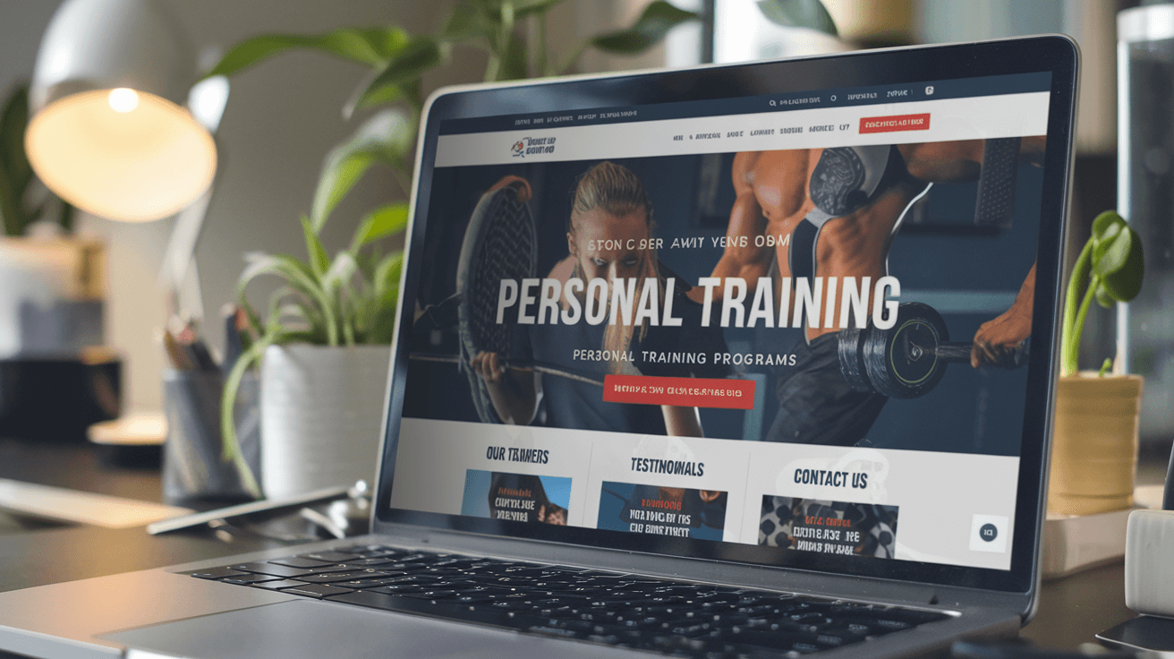 laptop screen displaying a local personal training website. The website has a clean design with a dark background and white text. There are various sections such as