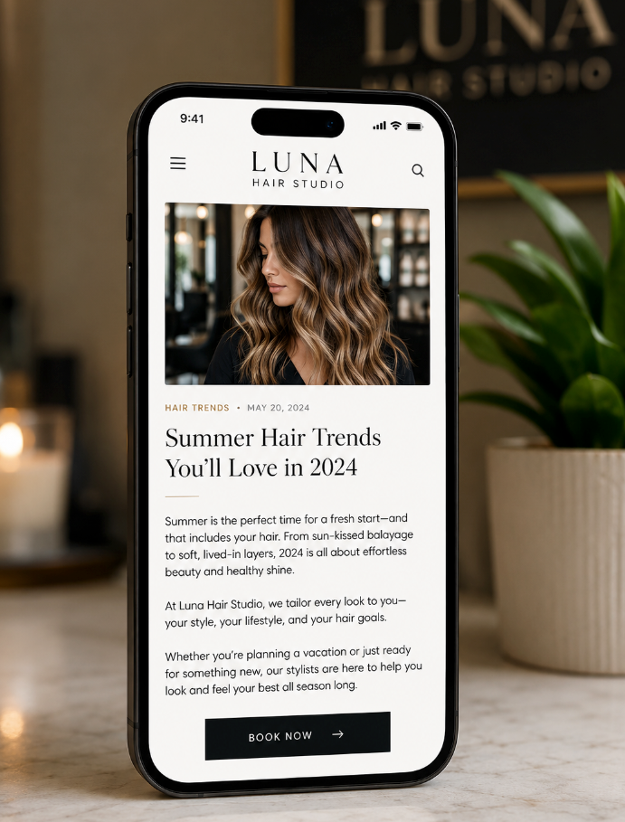 Smartphone displaying LUNA hair studio website with summer hair trends article and model photo