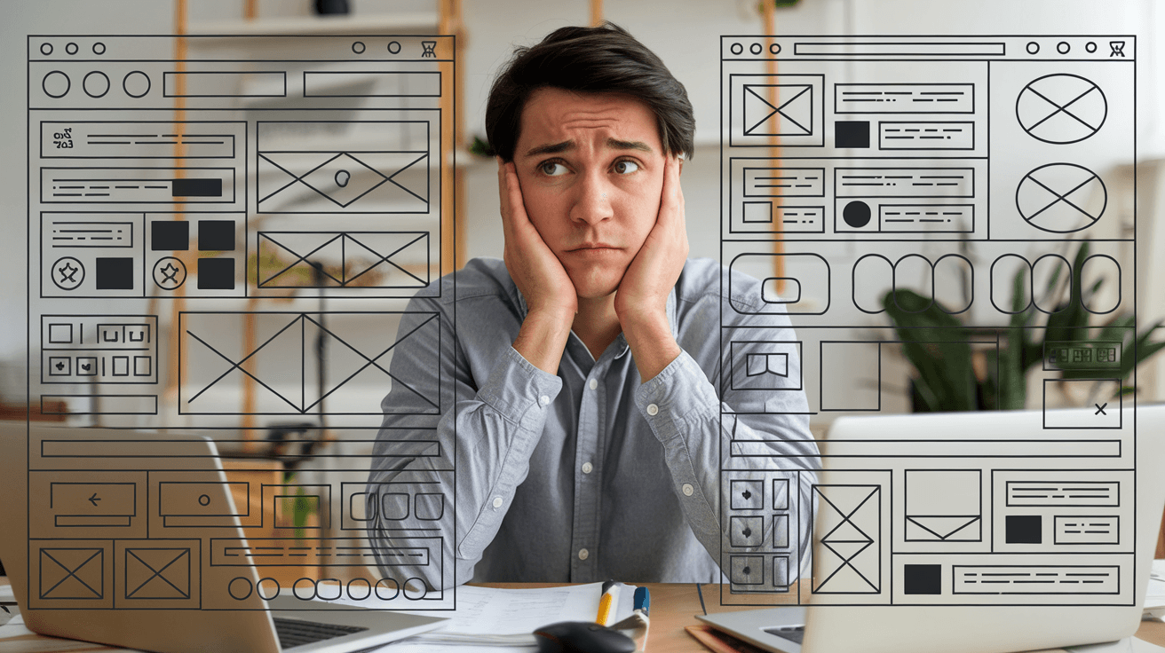 web design mistakes, person looking at a desktop not knowing where to navigate on the site due to poor navigation and CTAs