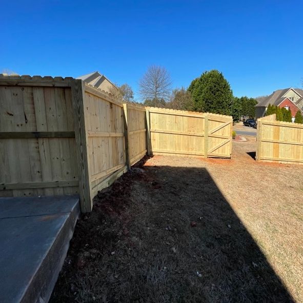 Wooden fence in backyard on a sunny day.
