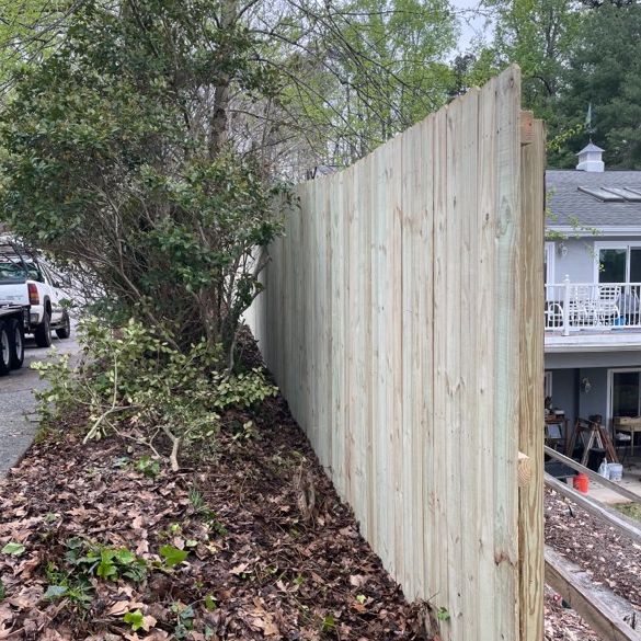 Wooden fence bordering a yard and a small tree, next to a driveway.