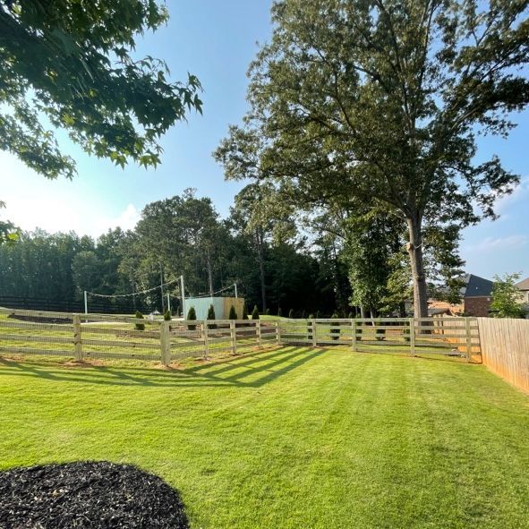 Green yard with white fence, trees, and blue sky.