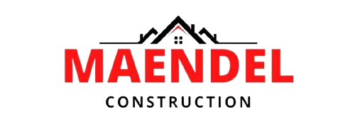 Logo for Maendel Construction, red text with a black house icon.