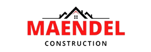 Logo for Maendel Construction, featuring a house roof icon and the company name in red letters.