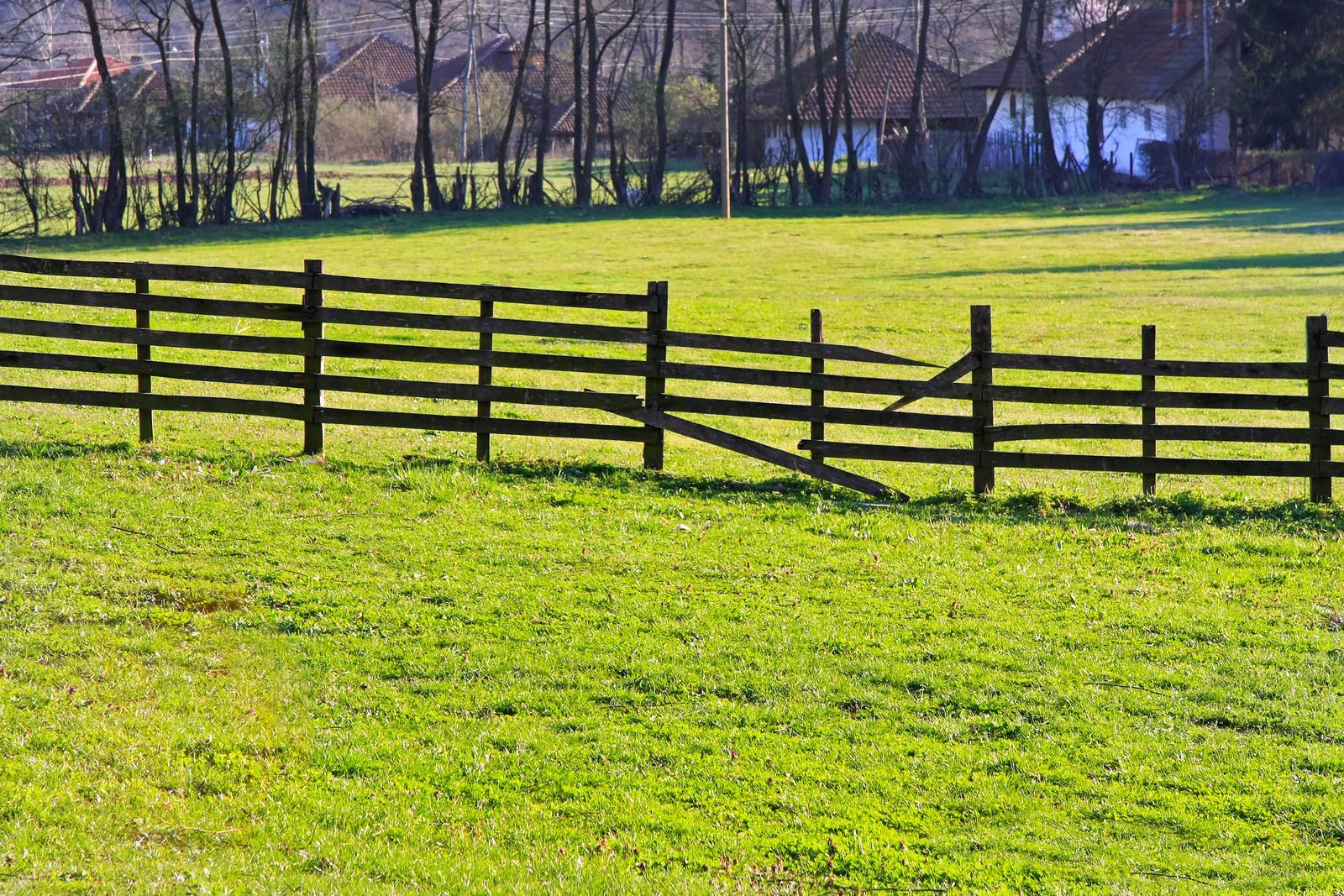 Wooden fence in a green field with trees and a house in the background.