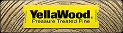 Yellow rectangle logo on wood grain reads