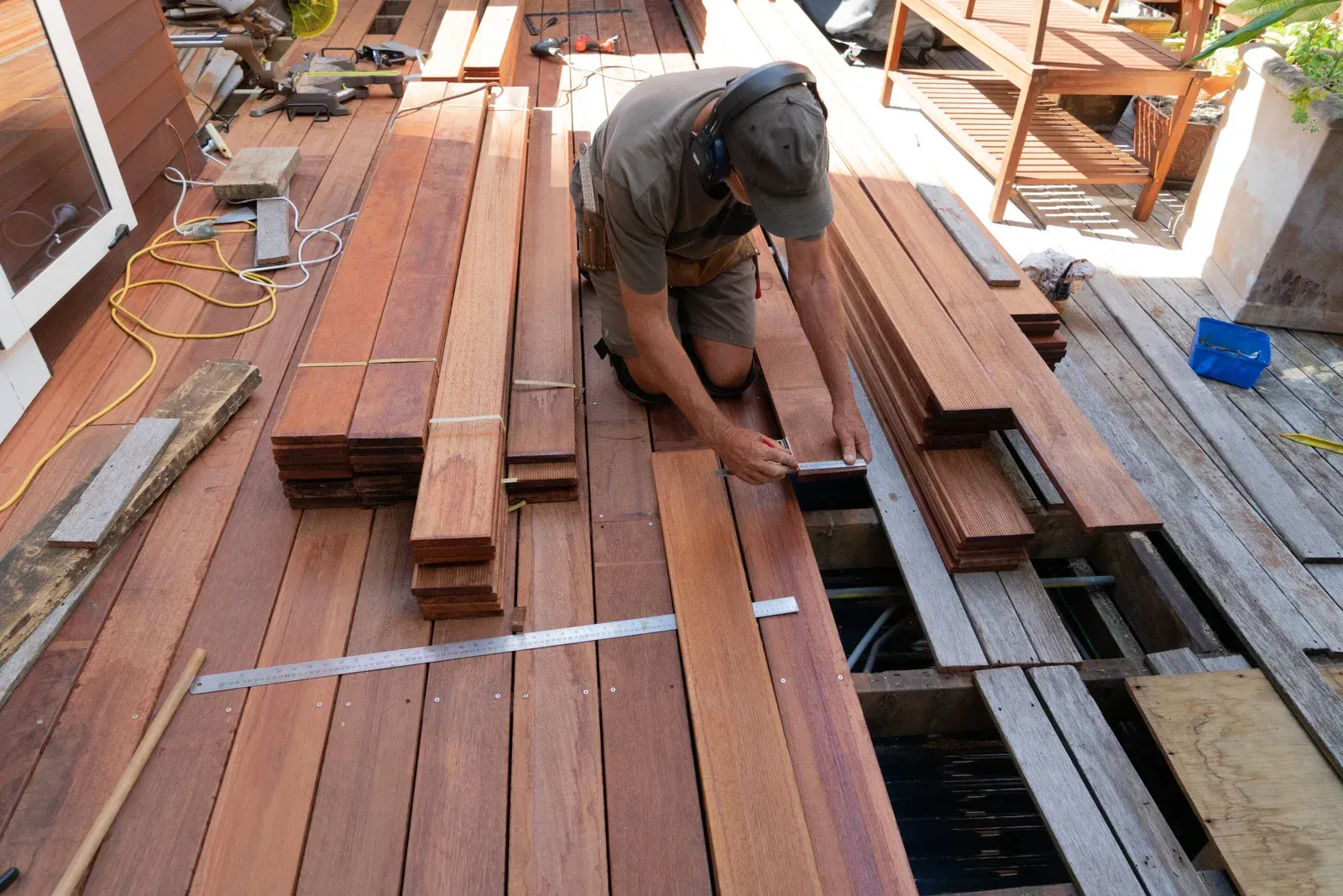 A man kneels on a deck, measuring a wooden plank with a metal ruler; surrounded by wood planks.