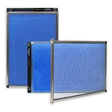 Three blue translucent mesh screen panels with silver frames, arranged at different angles