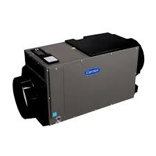 Gray and black Carrier HVAC unit with blue logo on a white background