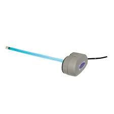 Blue-glowing medical probe with a gray connector and black cable on a white background