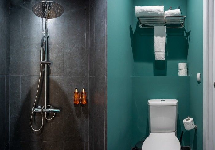 Baño moderno con ducha oscura y zona de inodoro color turquesa, toallero y estante para papel higiénico.