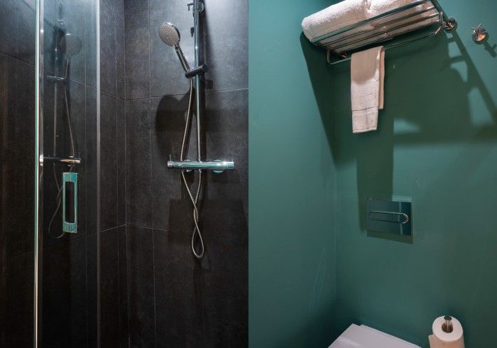 Baño moderno con cabina de ducha oscura, pared verde, toallero y portarrollos de papel higiénico.