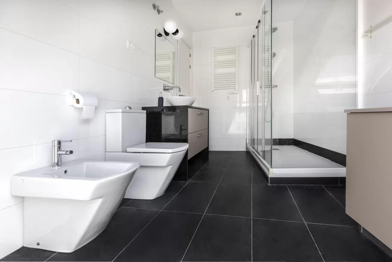 Baño moderno de color blanco con suelo de baldosas negras, bidé, lavabo, ducha de cristal e inodoro.
