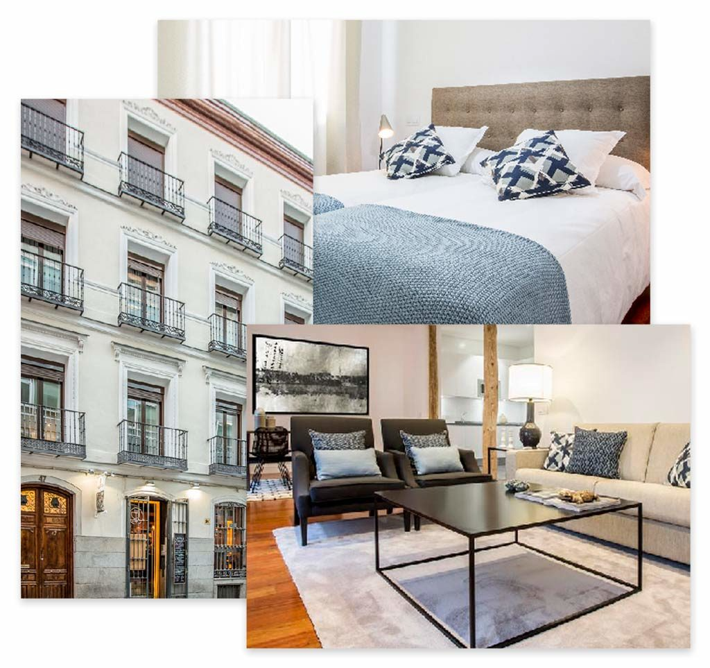 Collage de la fachada de un hotel y habitaciones modernas con ropa de cama azul grisácea y asientos elegantes.