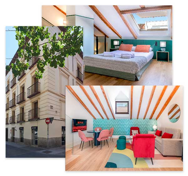 Collage del exterior de un edificio de hotel y dos habitaciones modernas y coloridas con camas y zonas de estar.