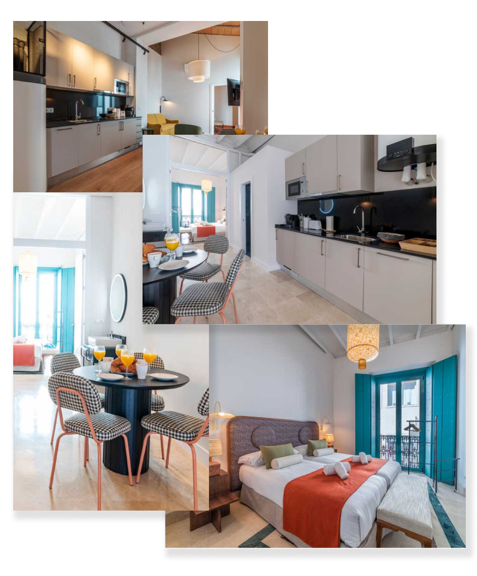 Collage de un luminoso apartamento moderno con cocina, comedor y dormitorio con puertas de balcón azules.