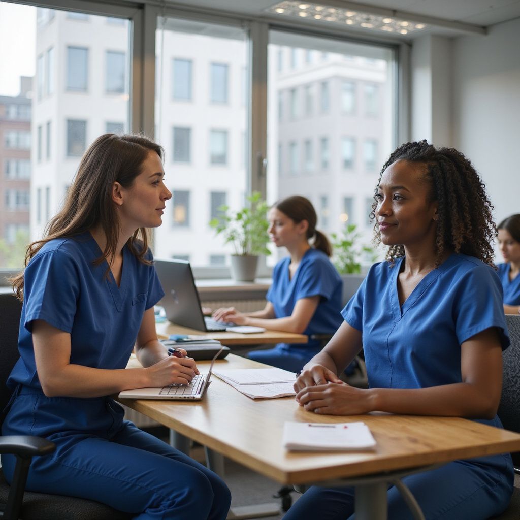Two nurses in blue scrubs discussing at a table, others work at desks near windows.