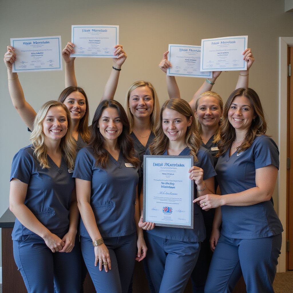 Smiling dental assistant in scrubs holding certificate in dental office.