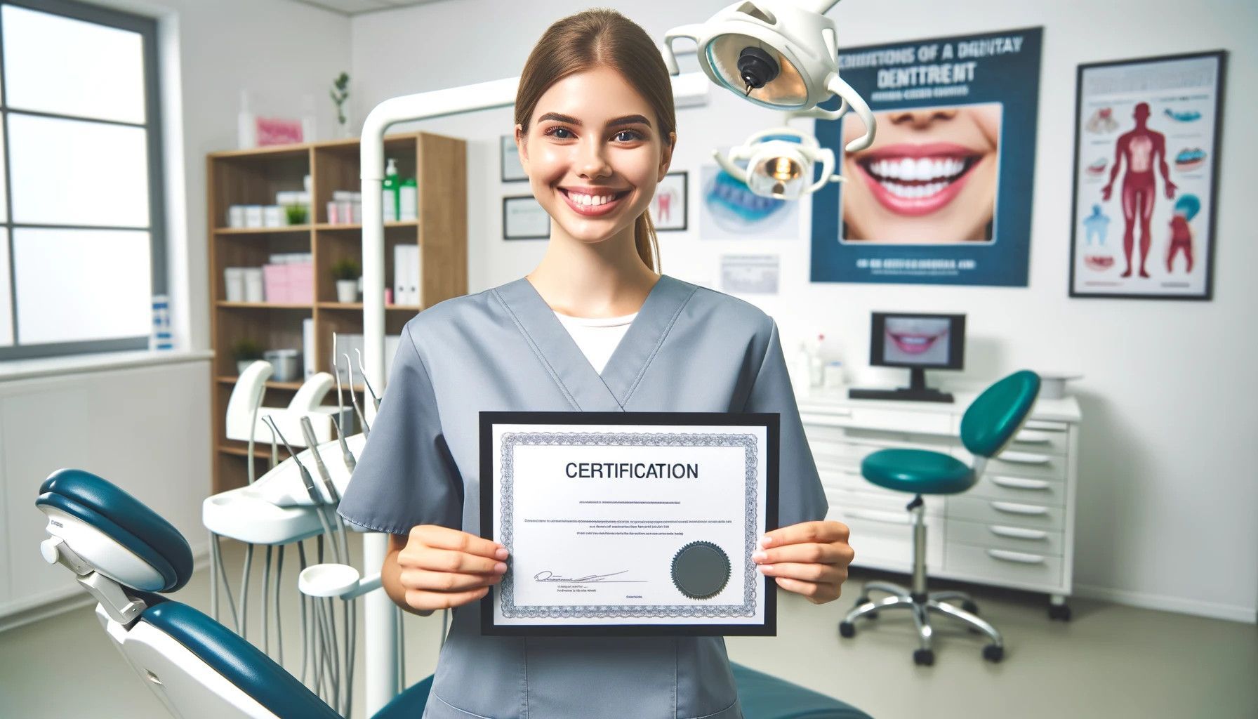 Dentist in scrubs holds a certificate, smiling, in a dental office.