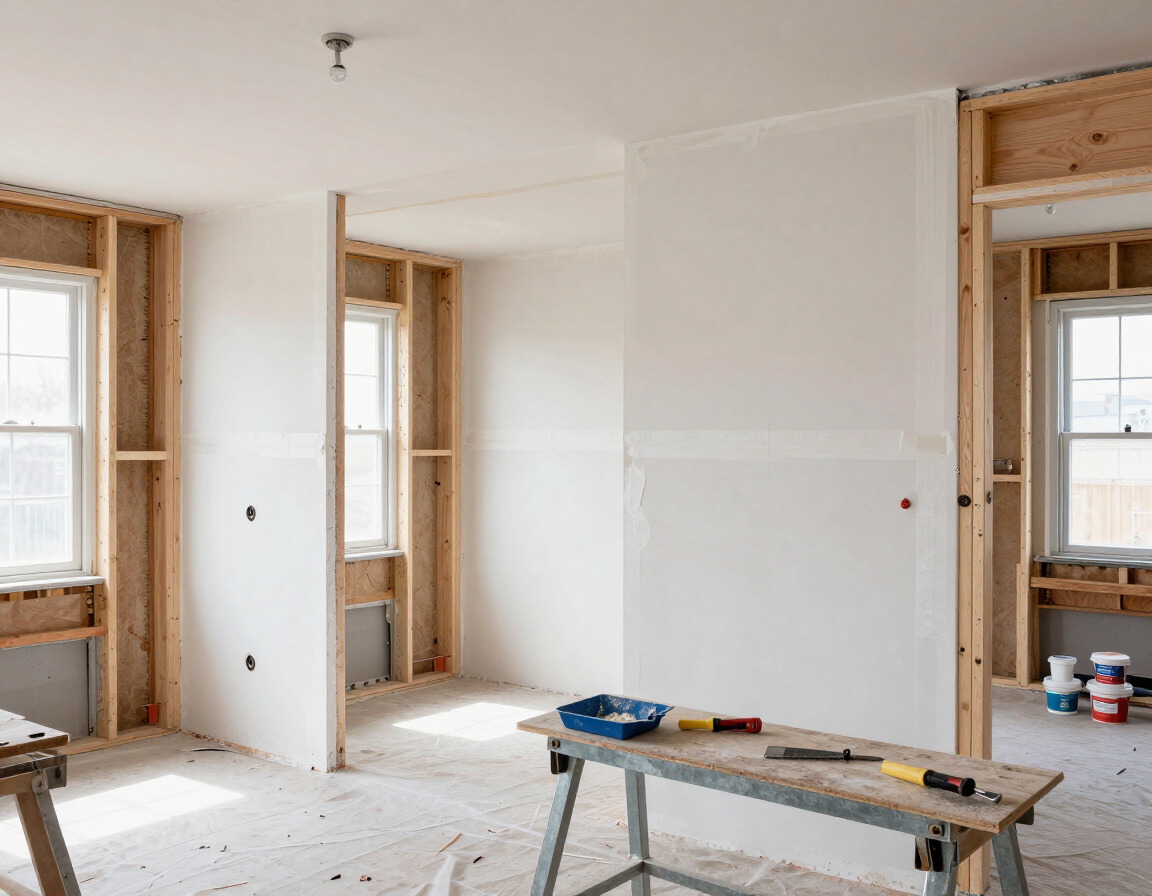 Room addition mid-drywall installation with hung sheets and taping seams